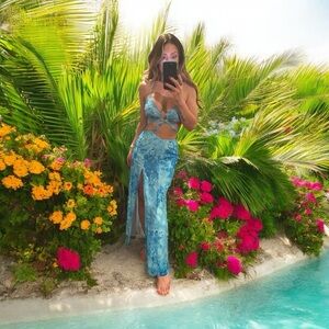 NWT SisterParty Blue CutOut Maxi Dress Sz M Tie Neck Wrap Waist Sexy Beach